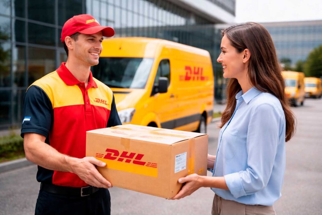 Caixa sendo enviada por transportadora internacional DHL em Uberlândia com rapidez e segurança